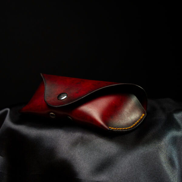 oxblood colour, leather glasses case on dark background