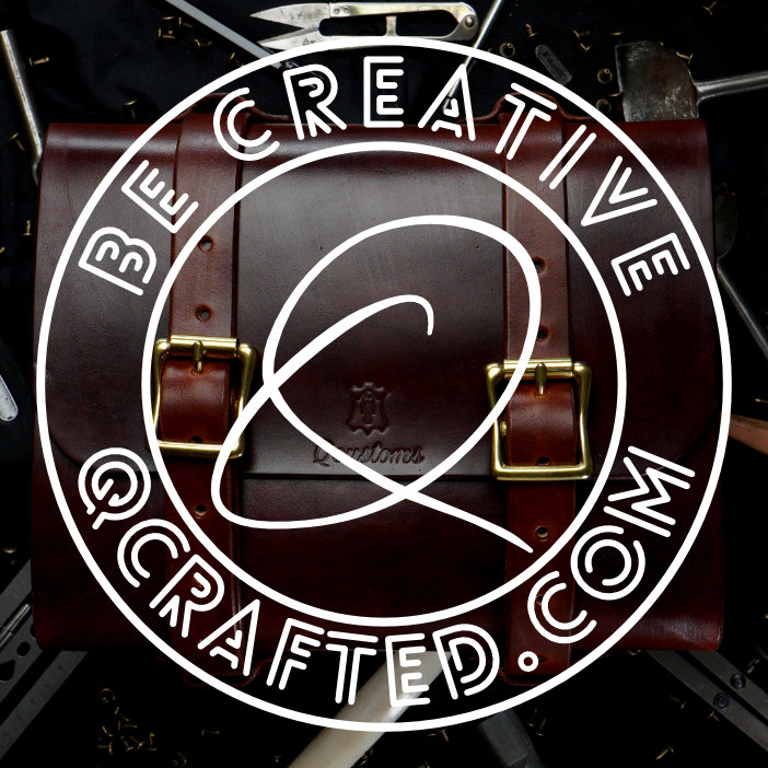 be creative logo and web adres qcrafted.com leather box in background